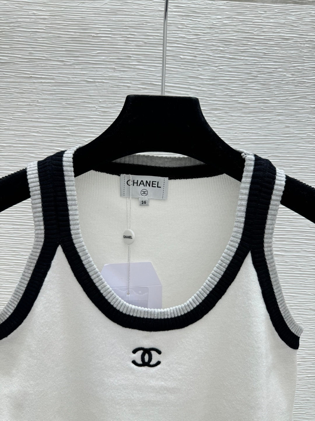 Chanel 2026 Tank Top White and Navy Blue Wool Nylon