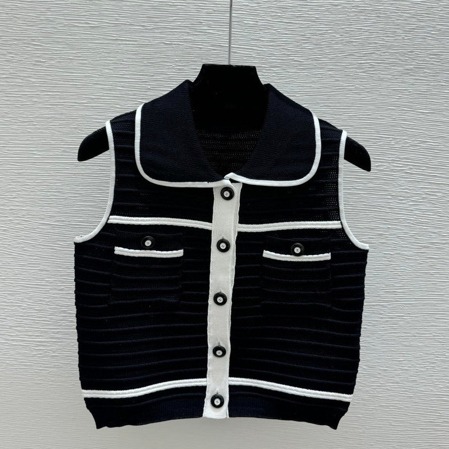 Chanel 2026 Collar Knitted Vest Cardigan Black Cotton Silk 170688