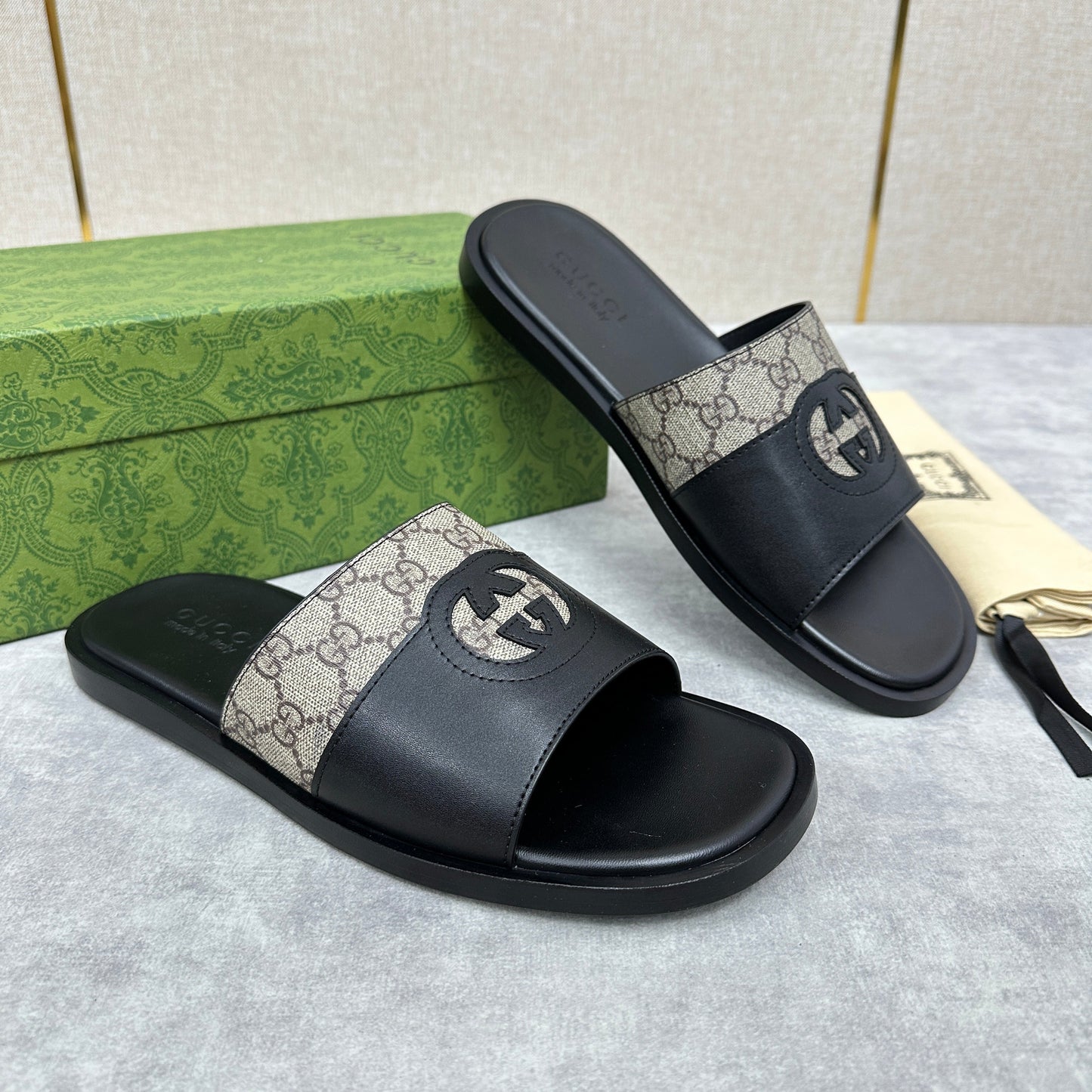 GG Men's Slide Black Brown Canvas Cowhide 542946