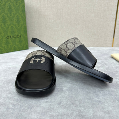 GG Men's Slide Black Brown Canvas Cowhide 542946
