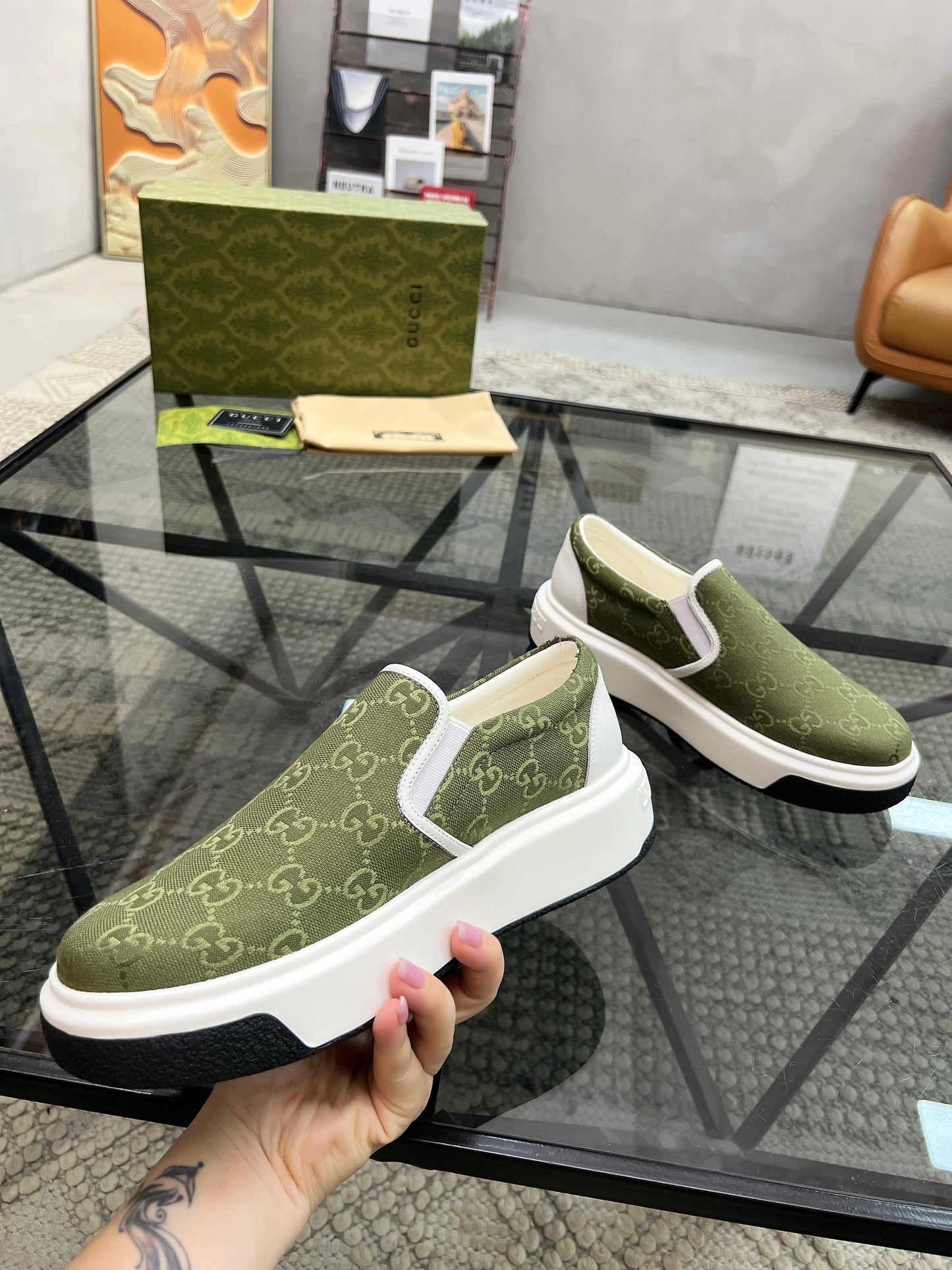 GG Men's Slip on Loafer Olive Green Printed Fabric 721525