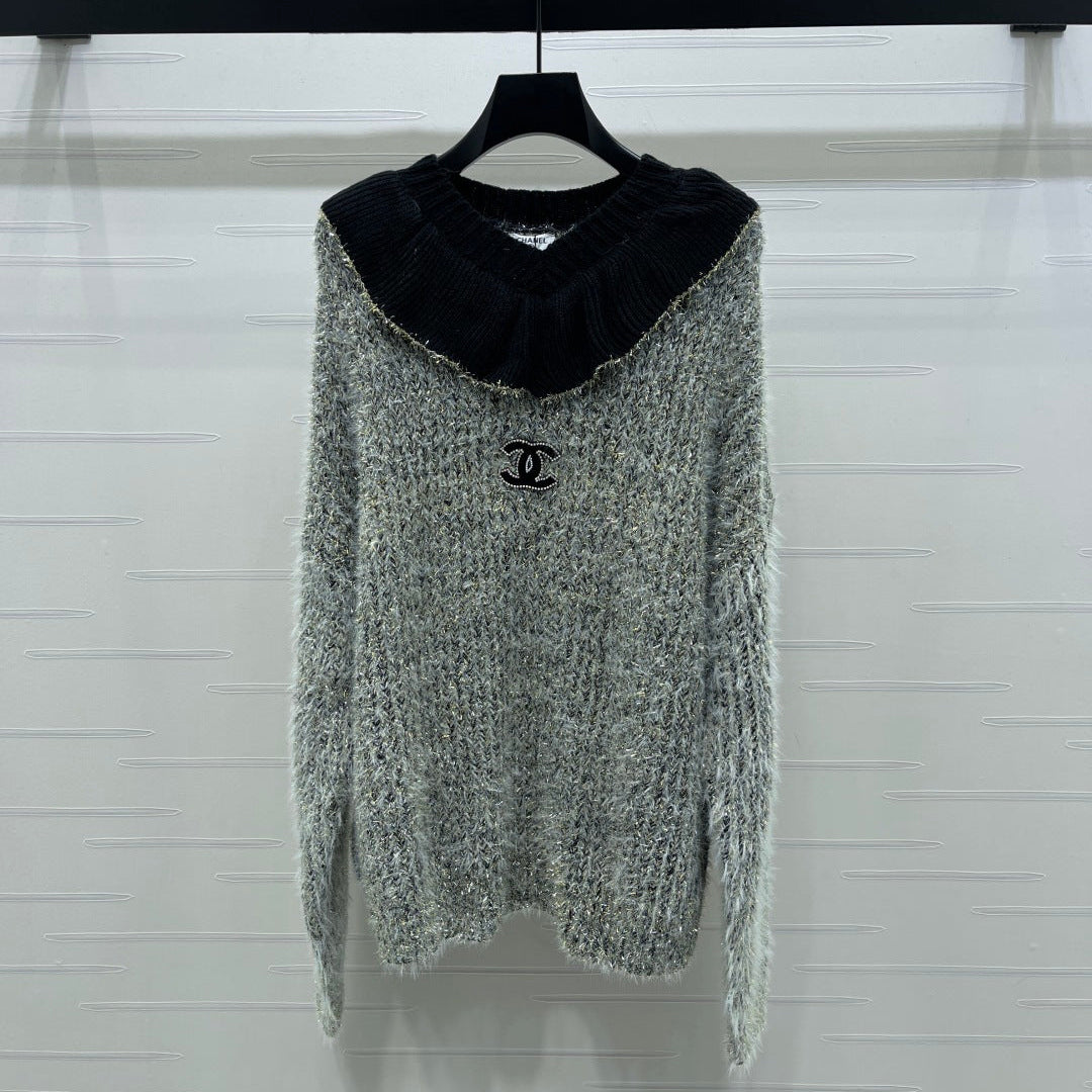 Chanel 2025 Ruffled Collar Shimmering Sweater Gray Black Polyester Wool 319566