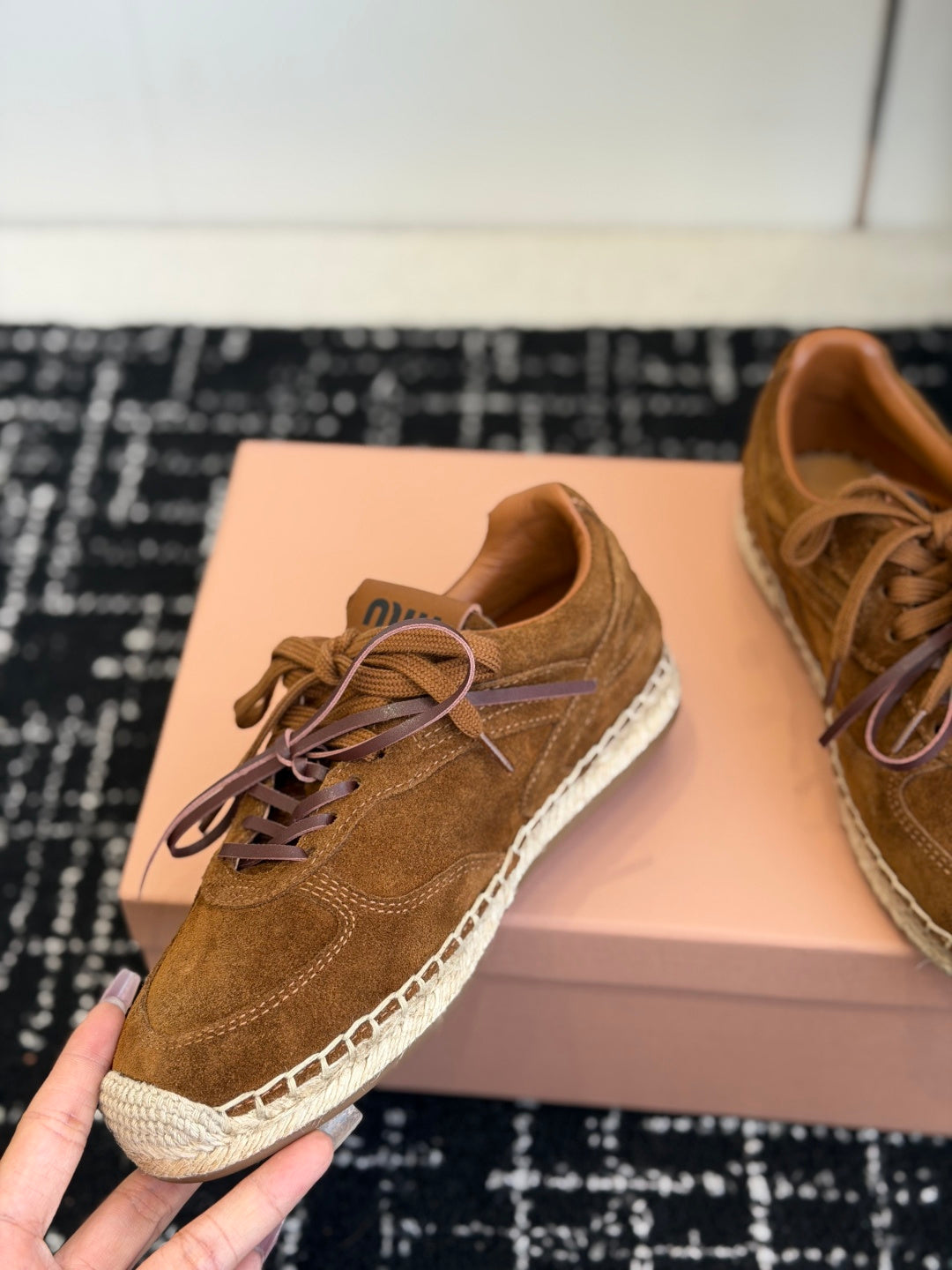 Miu Miu 2026 Espadrille Sneaker Camel Suede Woven 621337