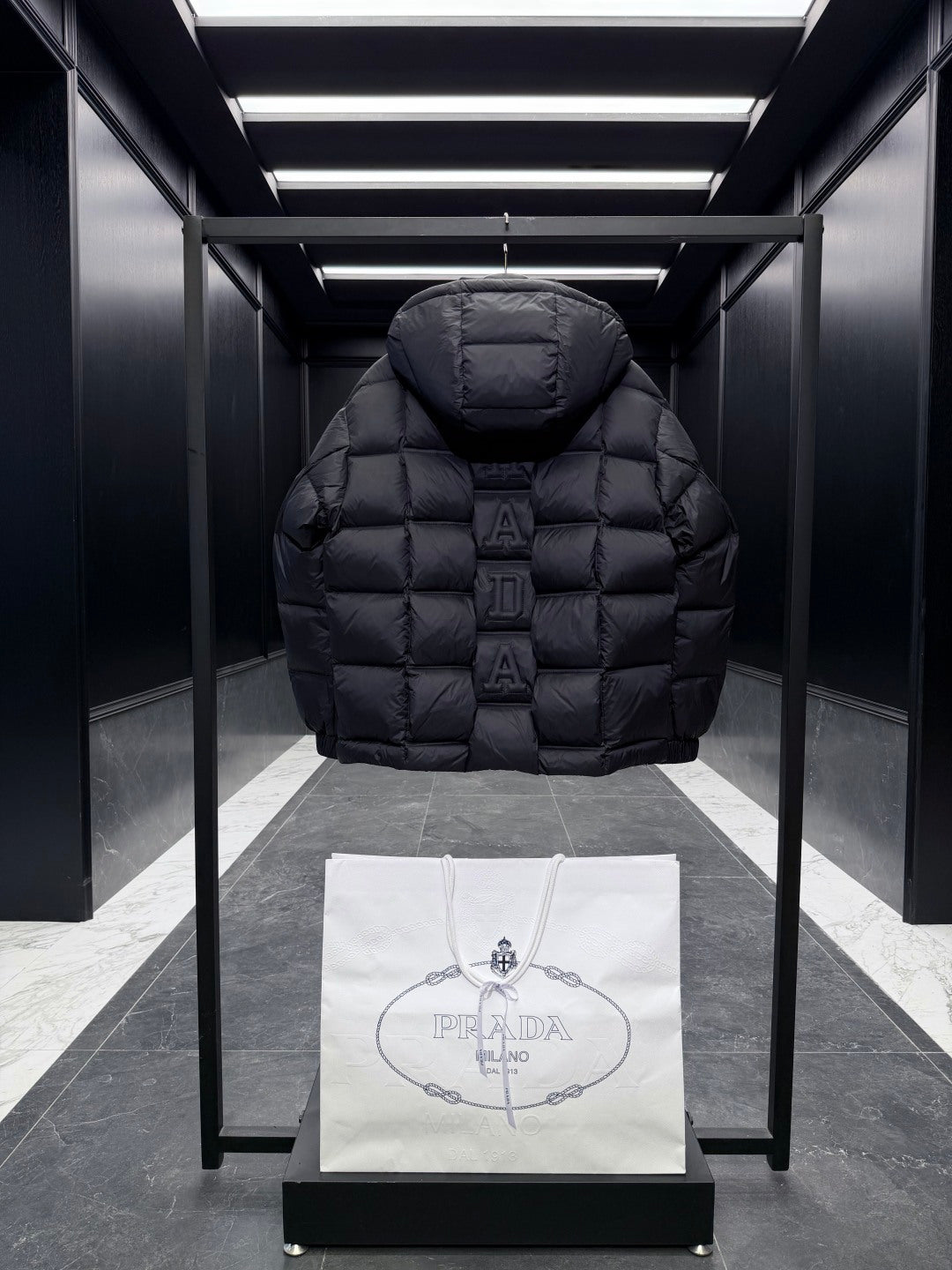 Prada 2025 Quilted Hooded Jacket Black Nylon Down
