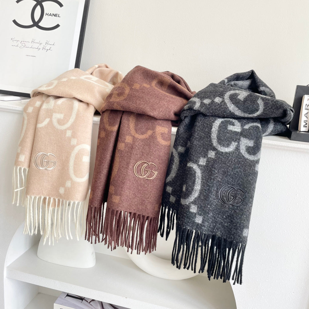 GG Houndstooth Scarf 180CM Black Cashmere 288178
