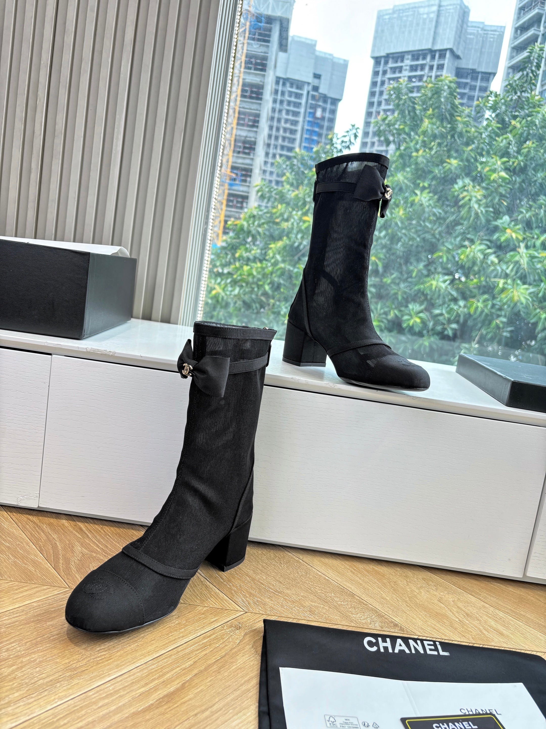 CC 25 Short Boot Black Mesh Calfskin Black Bow 430322
