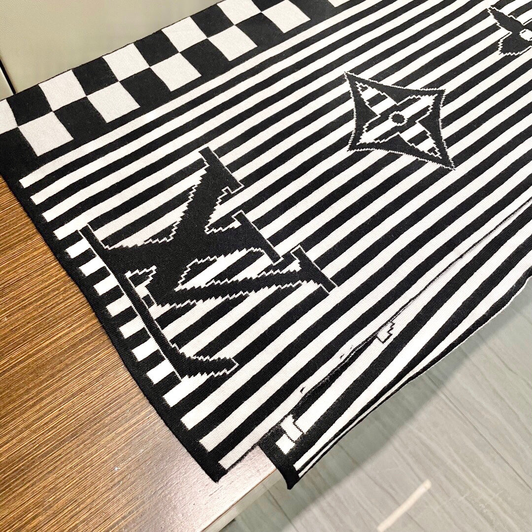 LV Unisex Scarf Scarf 180cm Black White Cashmere 968477