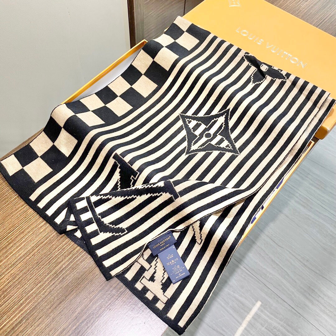LV Unisex Scarf Scarf 180cm Black Beige Cashmere 968478