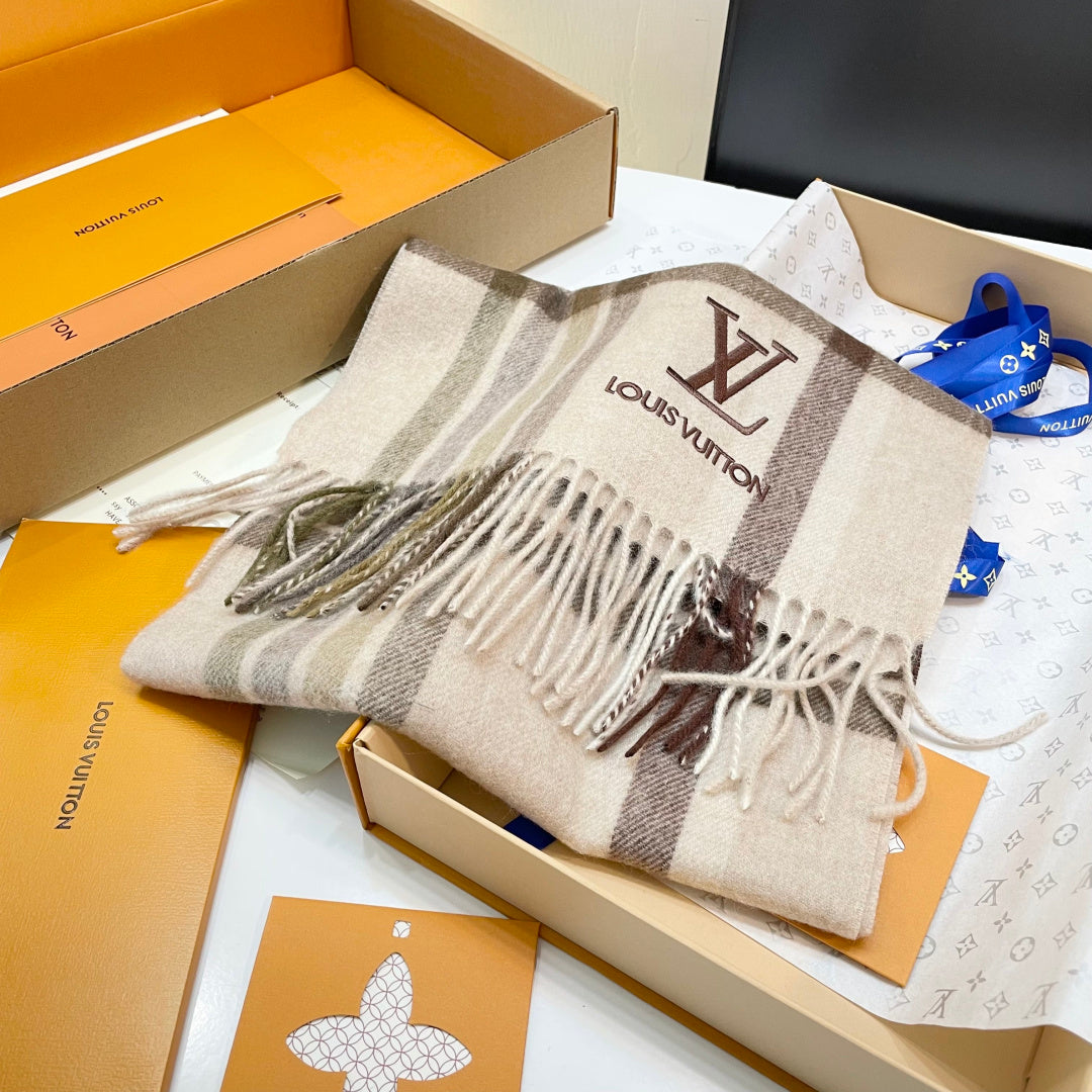 LV Scarf 180cm Beige Brown Wool Cashmere 976836