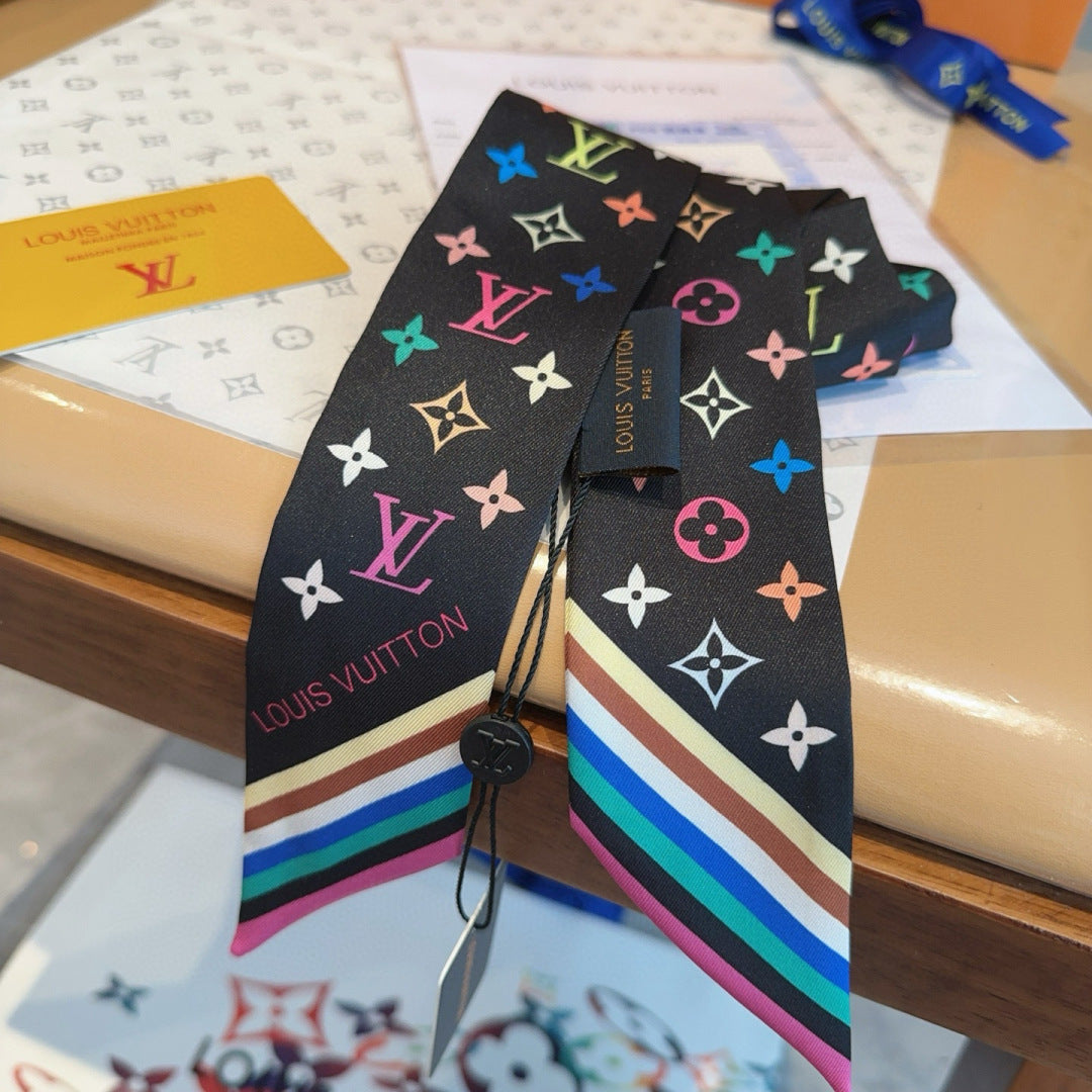 LV Twilly Scarf 120cm Black Colorful Silk 965663