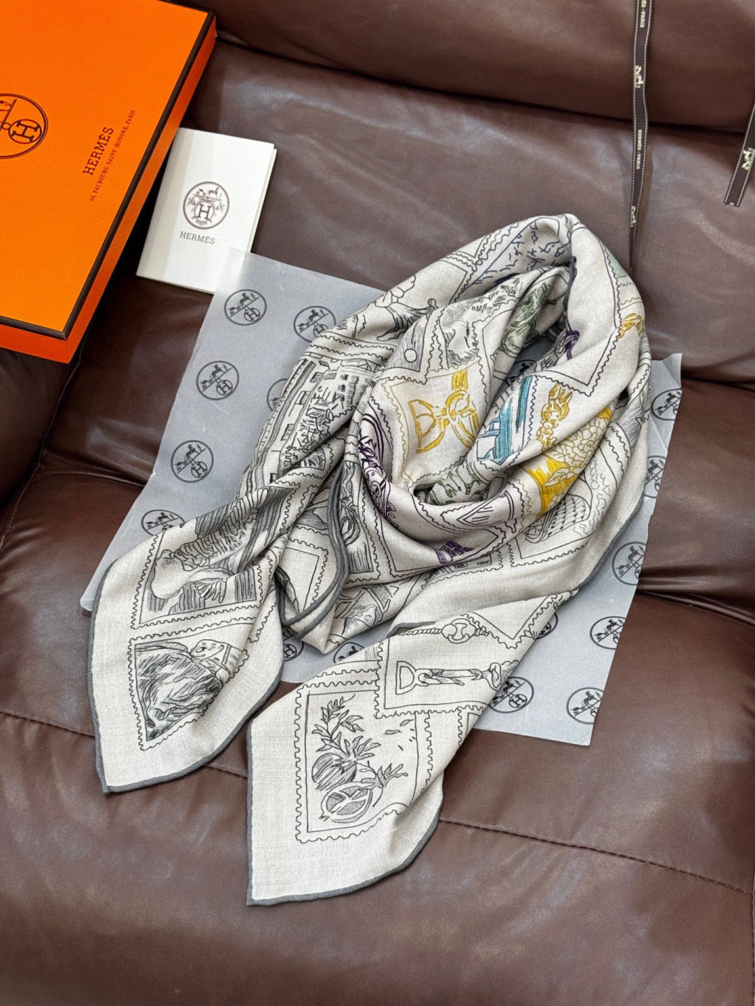 HM 25s Velvet Square Scarf 140cm Blue White Black Cashmere Silk 970939