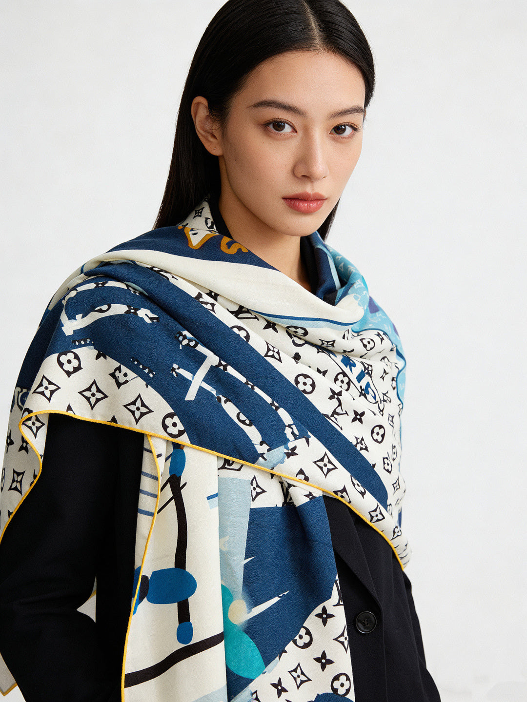 LV Scarf 135cm White Blue Cashmere Mulberry Silk 976761