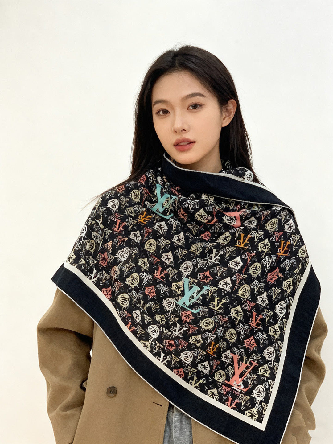 LV Double-Sided Shawl Scarf 140cm Black Multicolor Silk Cashmere 976741