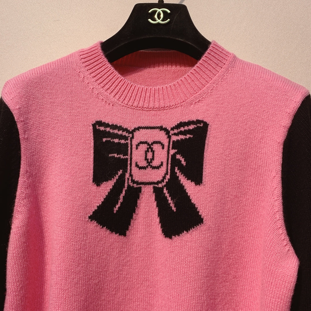 Chanel 25 Bow Sweater Pink Black Wool 317420