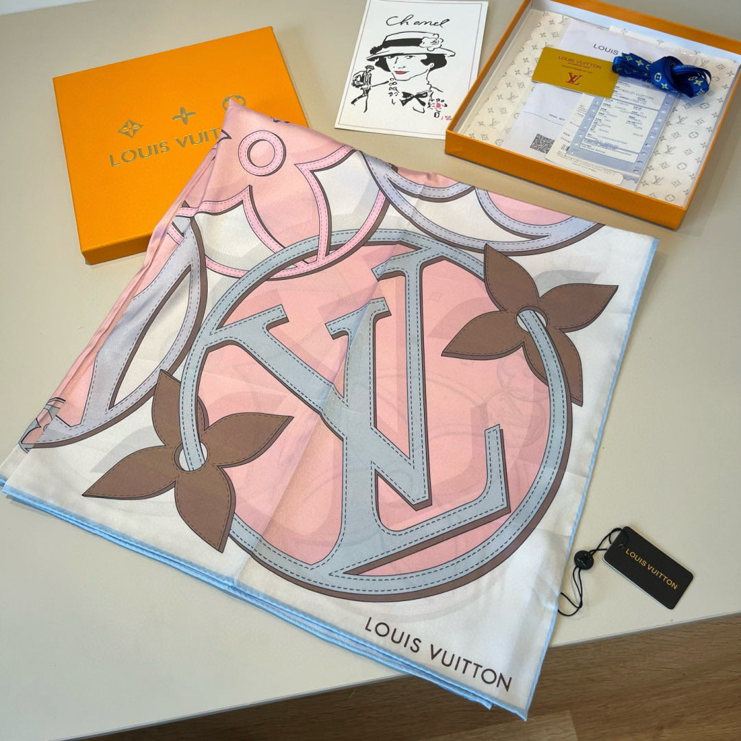 LV Double Sided Scarf 90 Light Pink Blue Monogram Mulberry Silk 156049