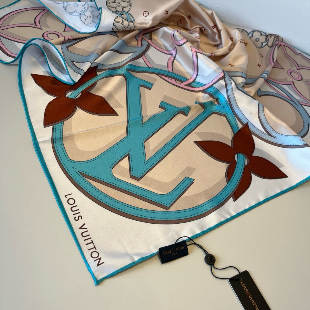 LV Double Sided Scarf 90 Beige Turquoise Monogram Mulberry Silk 156050