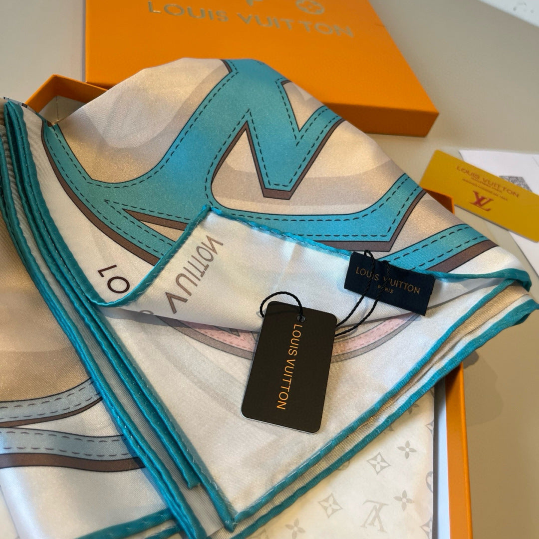 LV Double Sided Scarf 90 Beige Turquoise Monogram Mulberry Silk 156050