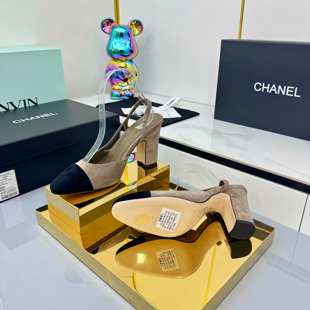 Chanel Slingback 90mm Neutral Beige Black Suede 469673