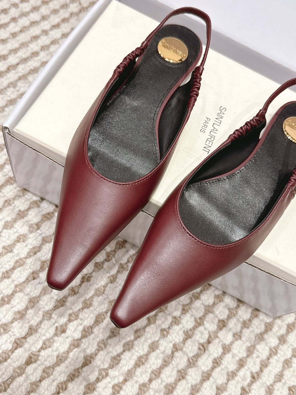 YSL 26ss Flat Slingback Burgundy Sheepskin 654714