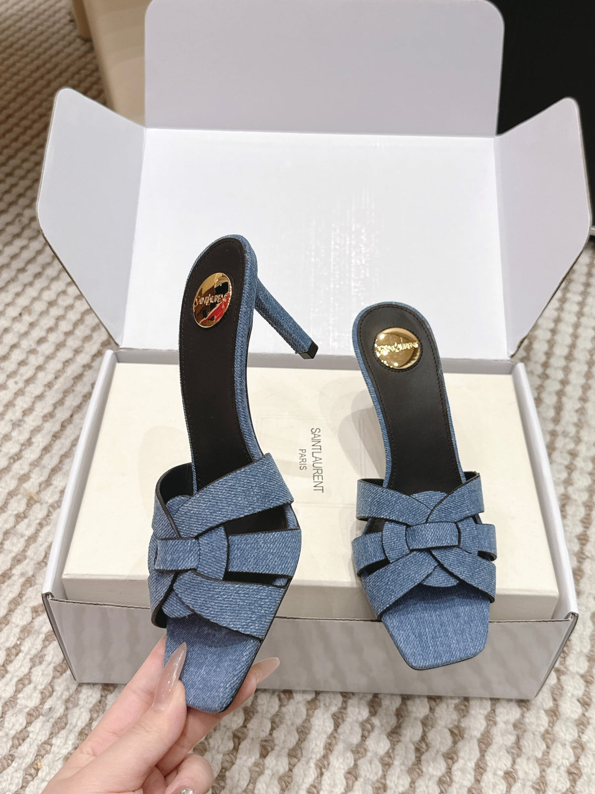 YSL 26ss High-Heeled Slippers 75 Blue Black Denim Calfskin 654747