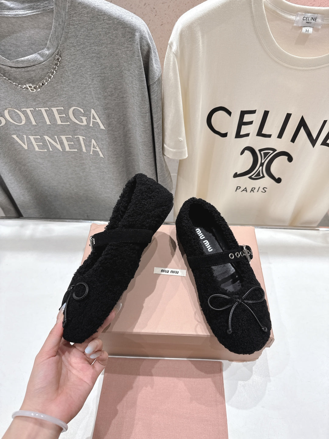 MiuMiu 25 Ballet Flat Black Lambskin Wool 535592