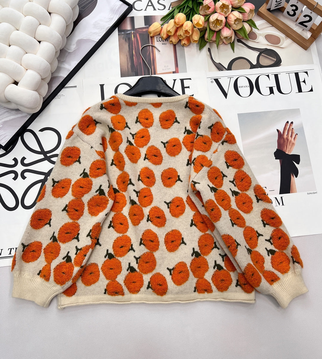 CC 26 Floral Pattern Cardigan Orange Beige Wool Cashmere 785282