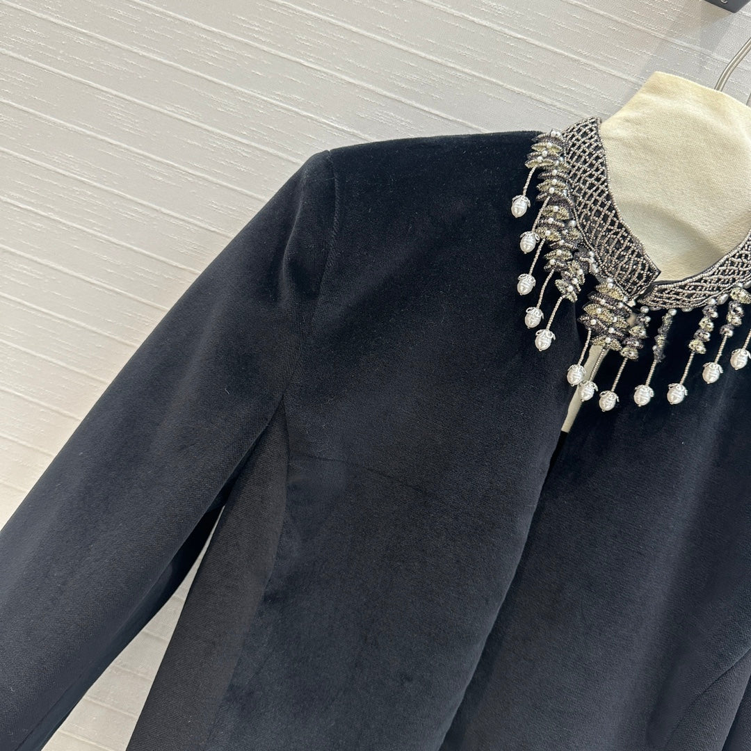 CD 25 Beaded Collar Small Jacket Black Silk Velvet
