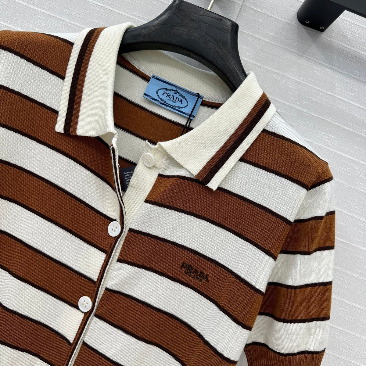 Prada 25 Striped Short-sleeved Knitted Cardigan Brown white Cotton