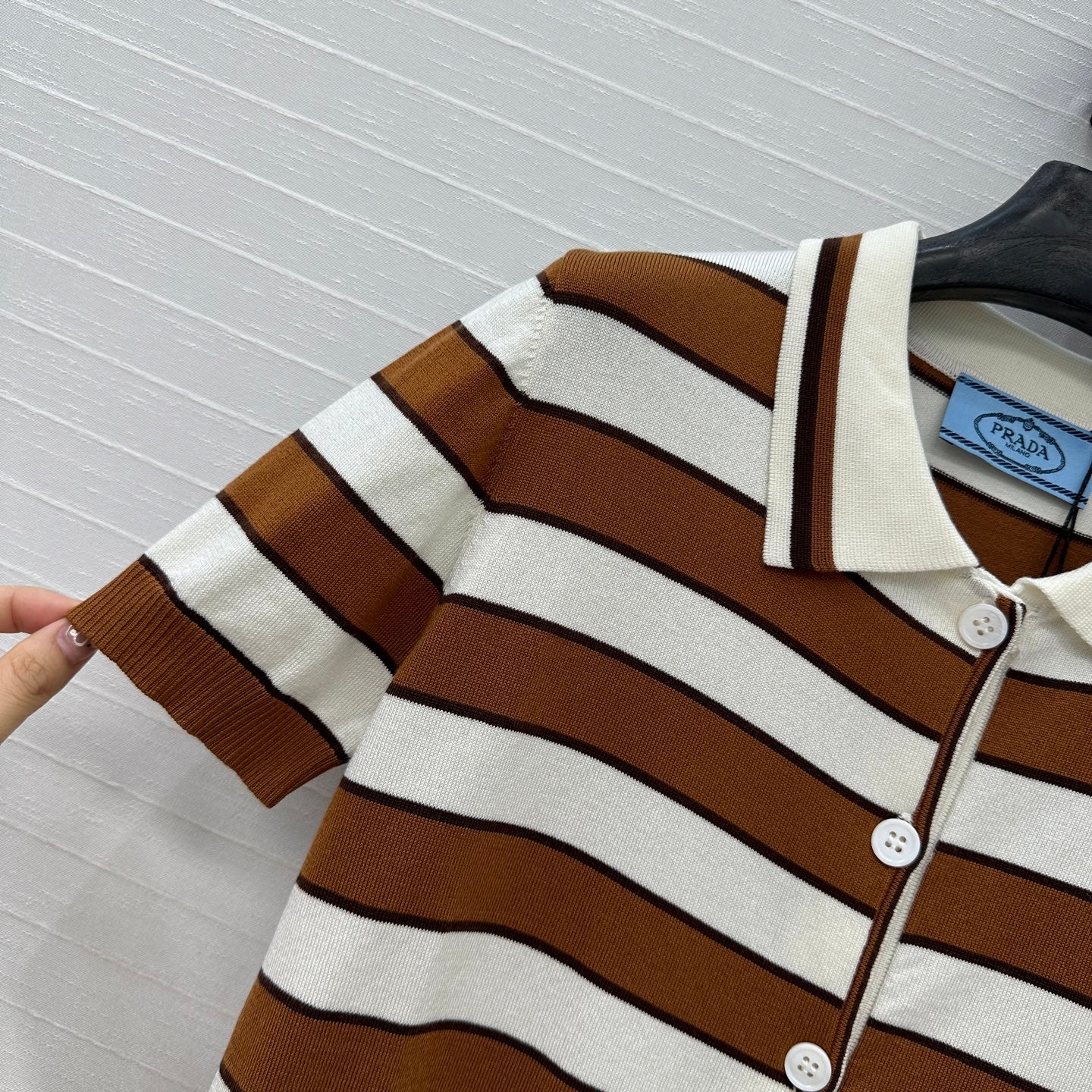 Prada 25 Striped Short-sleeved Knitted Cardigan Brown white Cotton