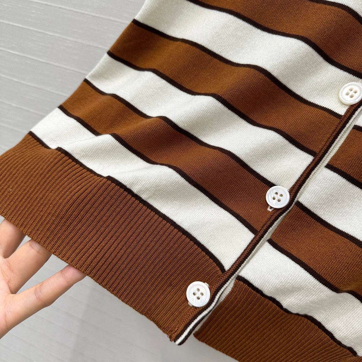 Prada 25 Striped Short-sleeved Knitted Cardigan Brown white Cotton