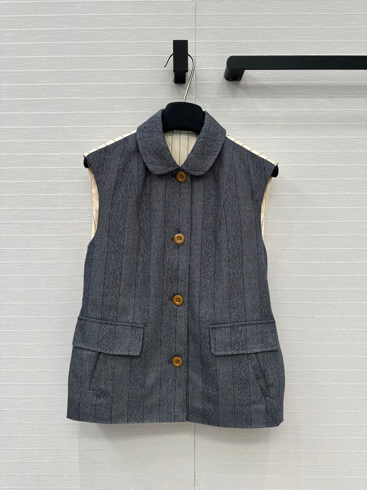 Prada 25 Striped Vest Jacket Grey Wool Cotton Polyester