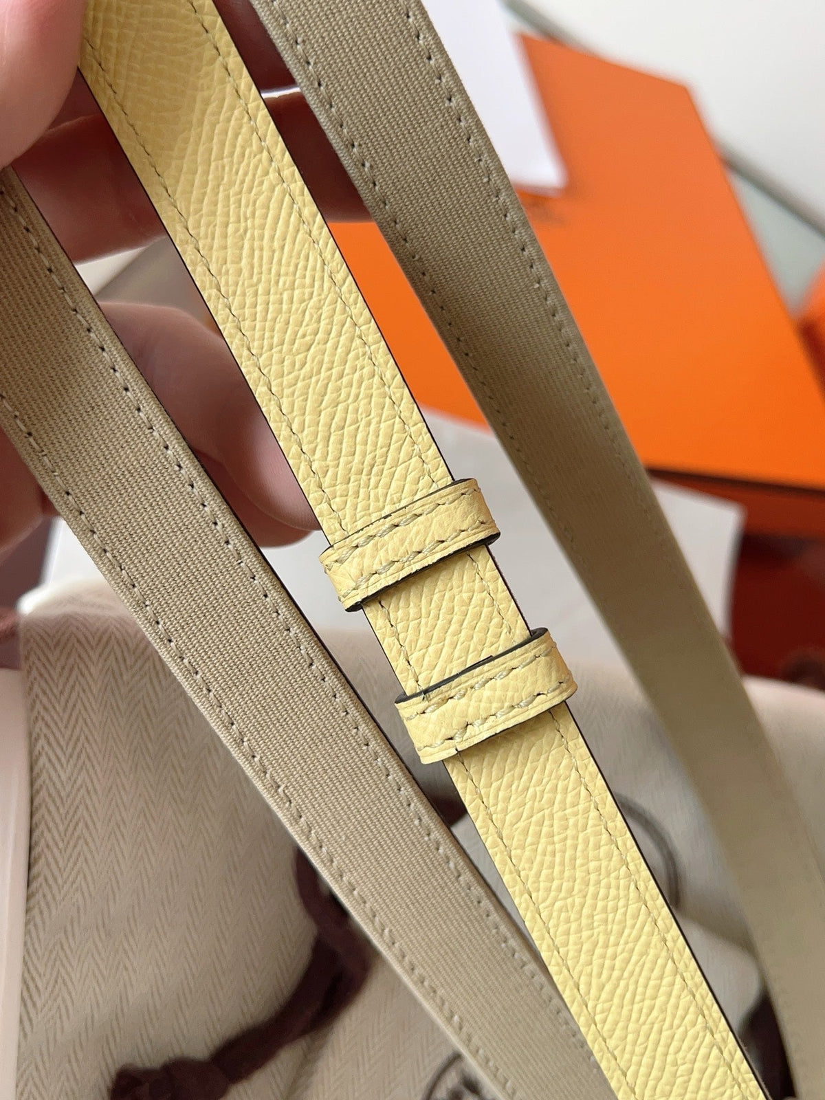 HM Kelly Belt 18mm Beige Canvas Epsom Leather Pink Gold Buckle