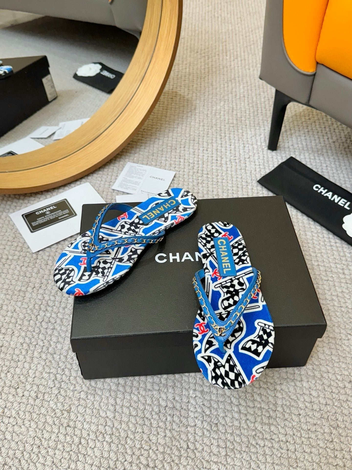 CC Chain Strap Thong Slippers Blue Cloth Sheepskin Velvet 305869