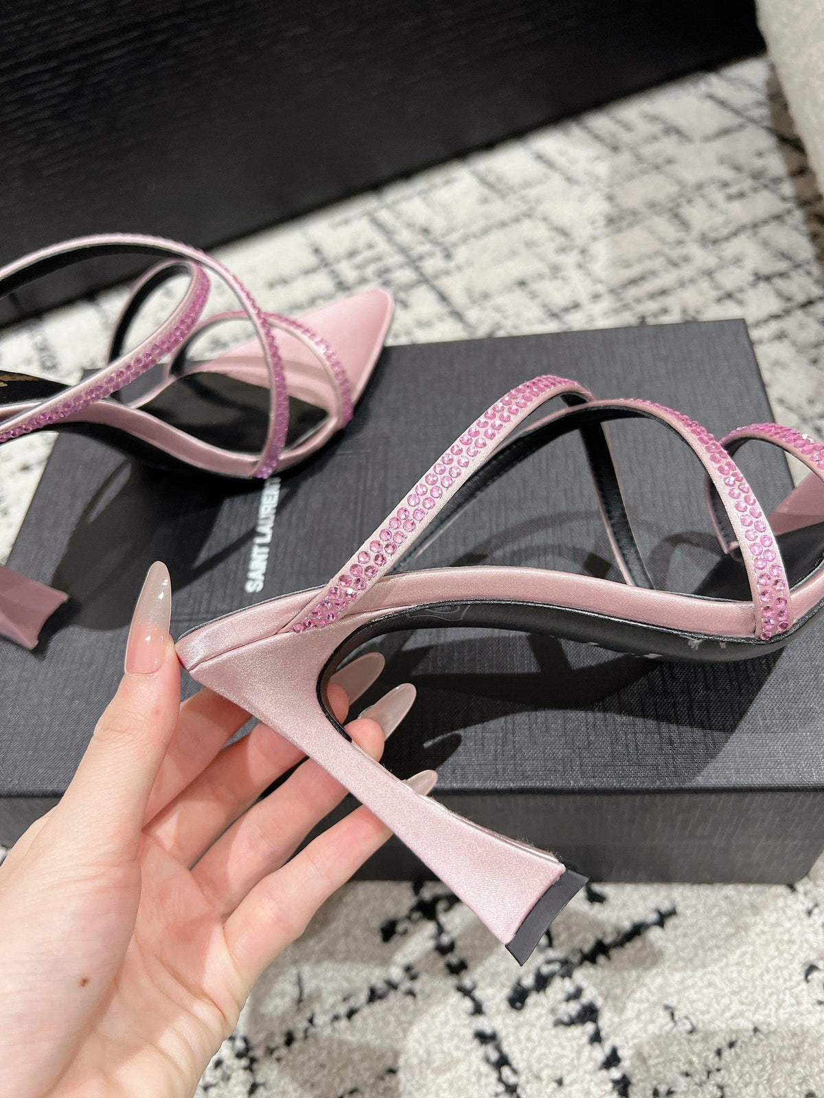 HIGH CRYSTAL STRAP SANDALS IN LIGHT PINK SILK