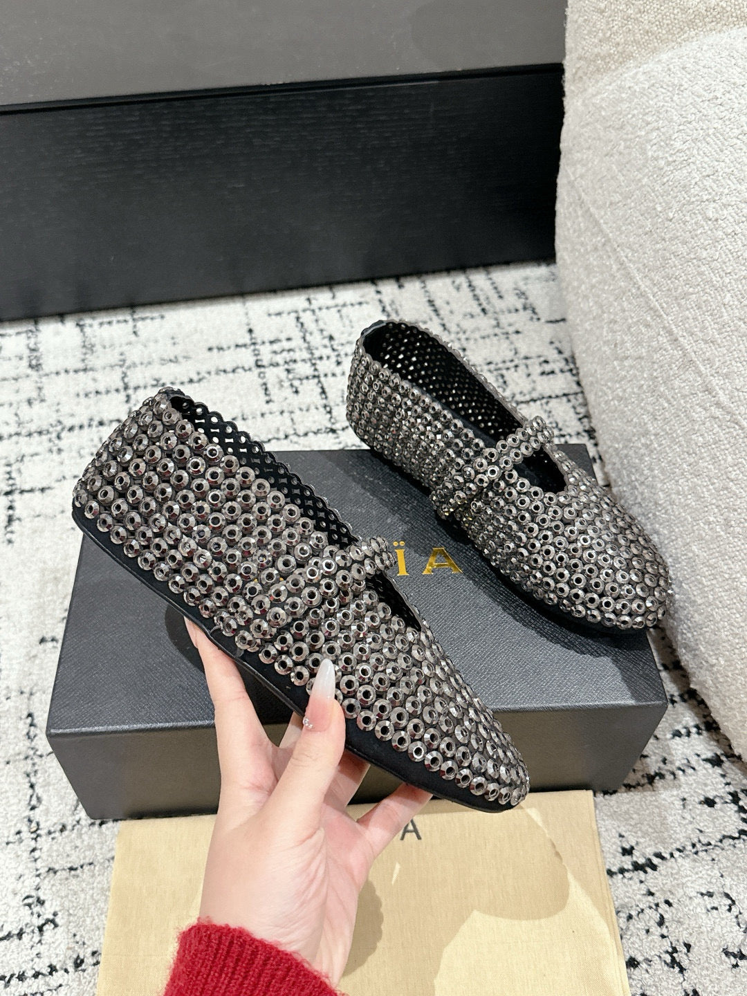 Alaia 25 Embellished Mary Jane Flats Silver Suede  293180