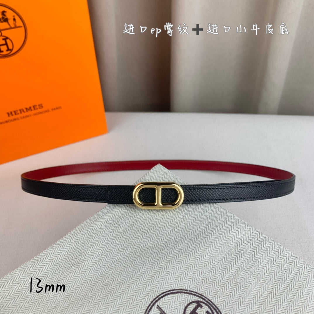 HM MAILLON H BELT BUCKLE & REVERSIBLE BLACK LEATHER STRAP 13 MM GOLD HARDWARE