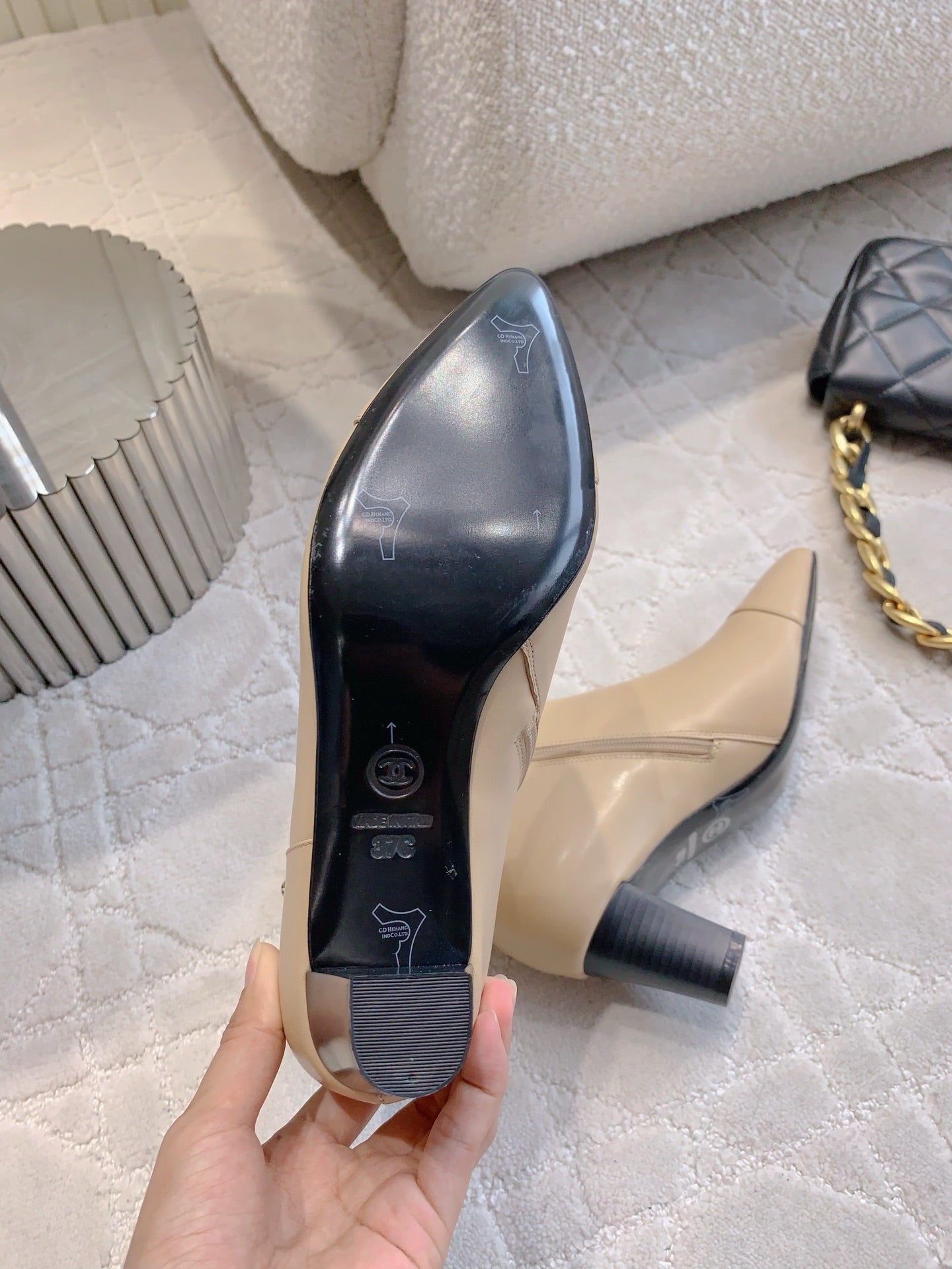 CC 25 Chunky High-heeled Ankle Boots Beige Calfskin 516659
