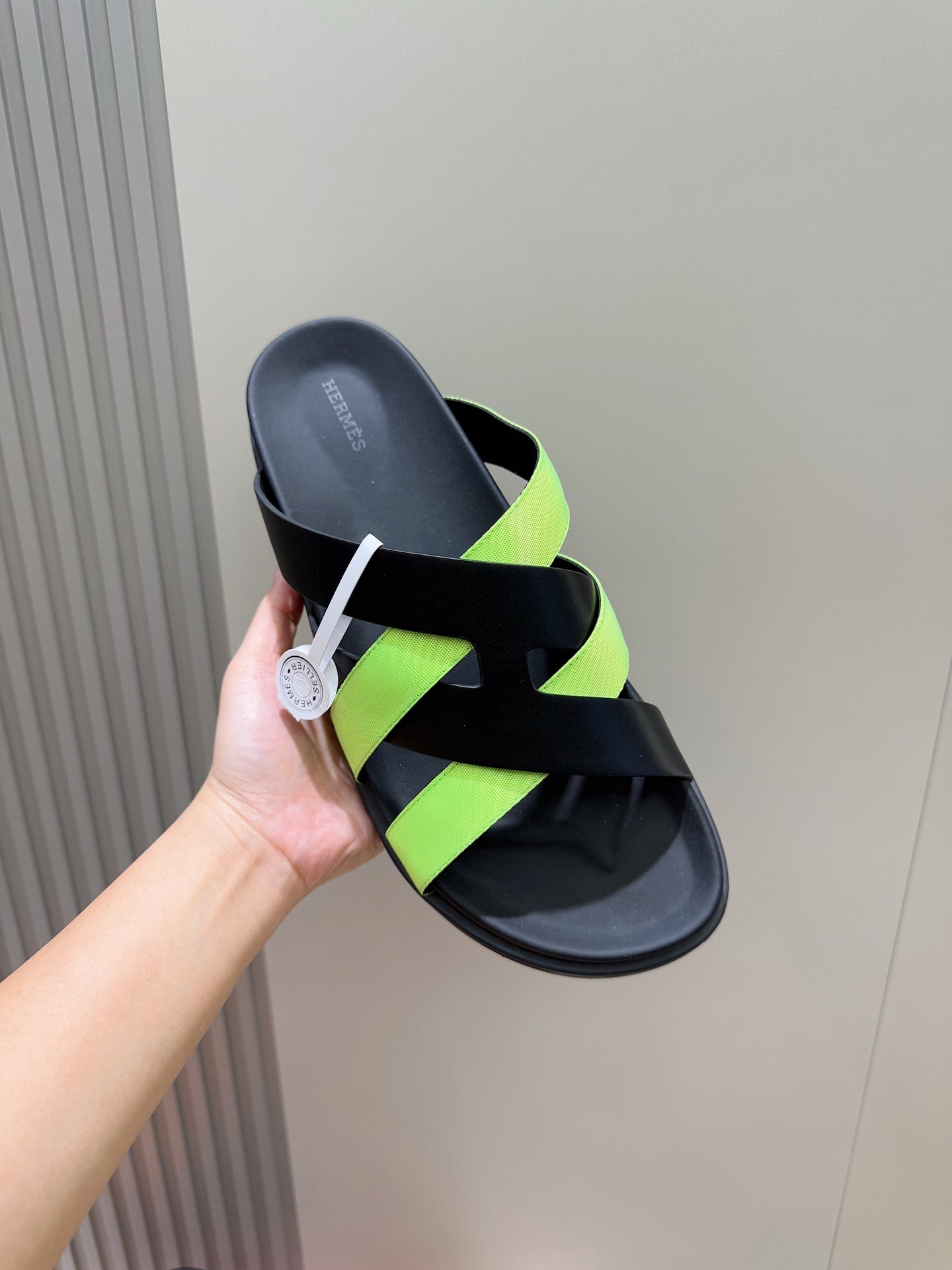 HM Men's Kazimir Slide Black Green Calfskin 562770