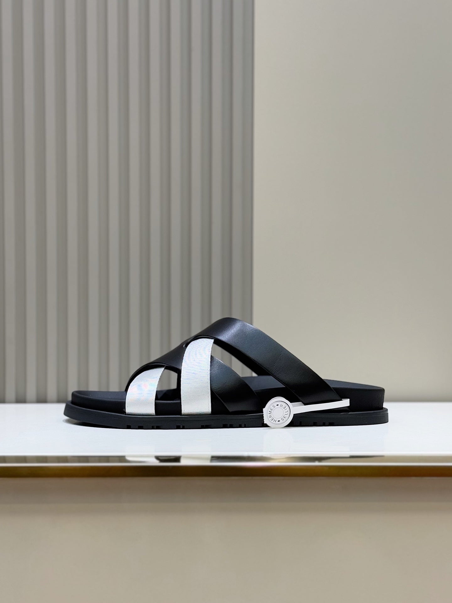 HM Men's Kazimir Slide Black Silver Calfskin 562771