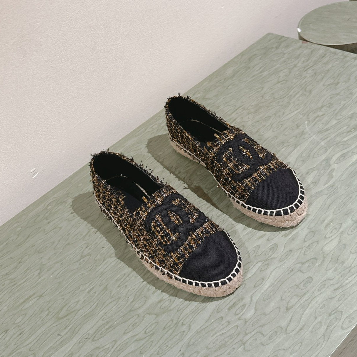 espadrilees black gold tweed canvas