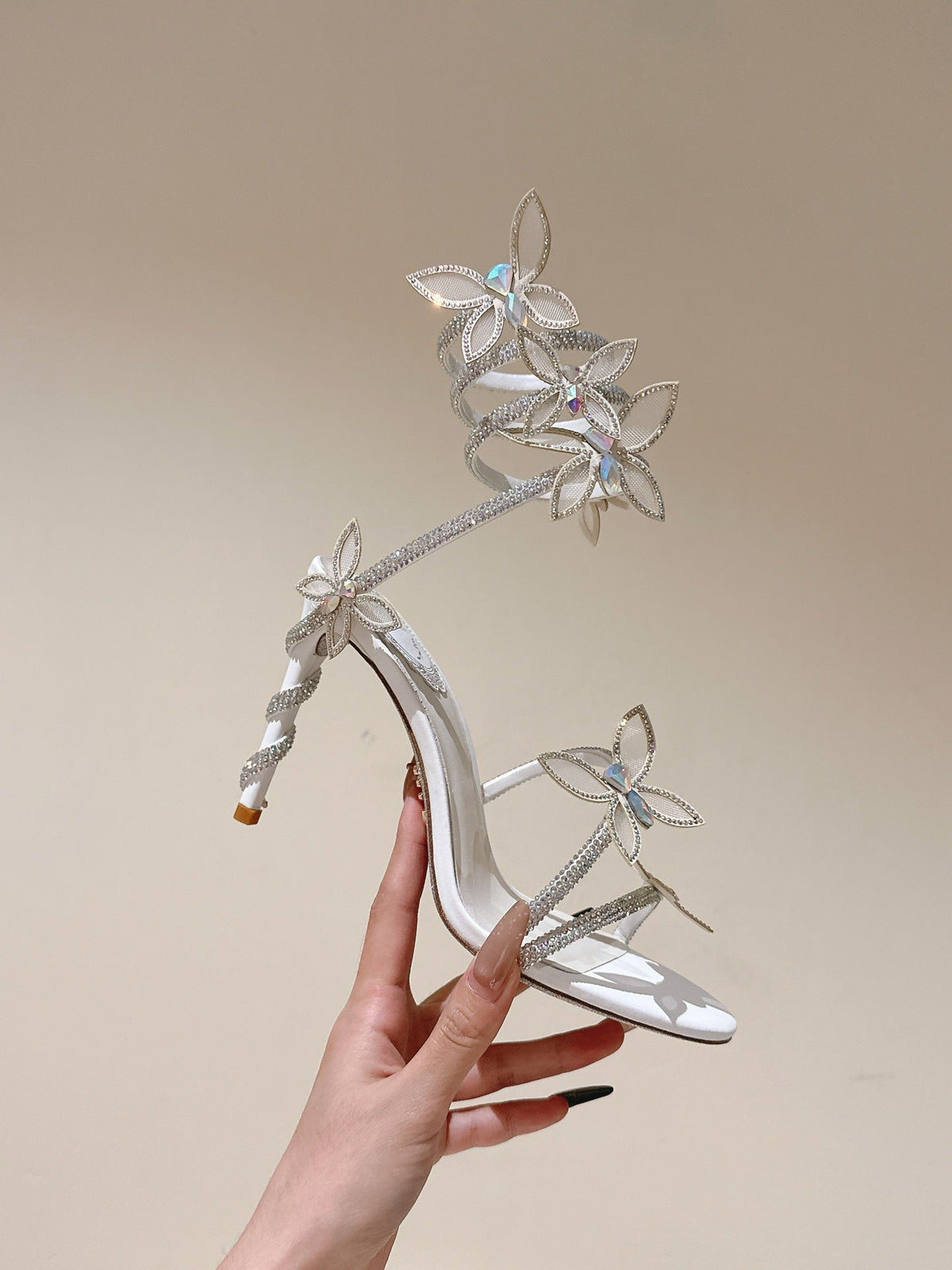 RC 25 Butterfly High-Heeled Sandals White Silk Rhinestones