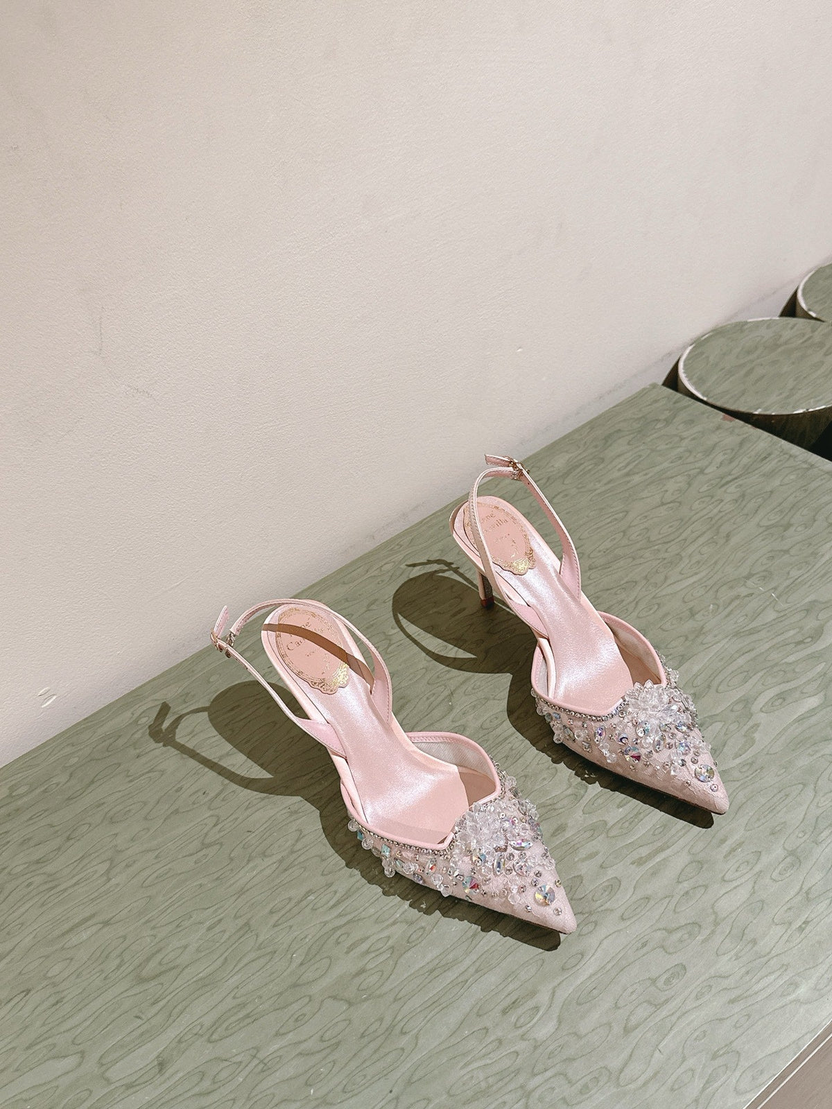 RC 25 Diamond Lace High Heeled Sandals Pink Nude Sheepskin 268056
