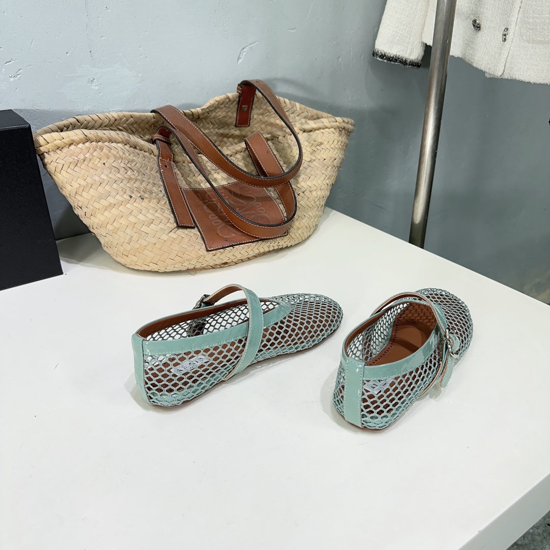 Alaia 25 Laminated Fishnet Ballet Flats Lagoon Green Lambskin 677172