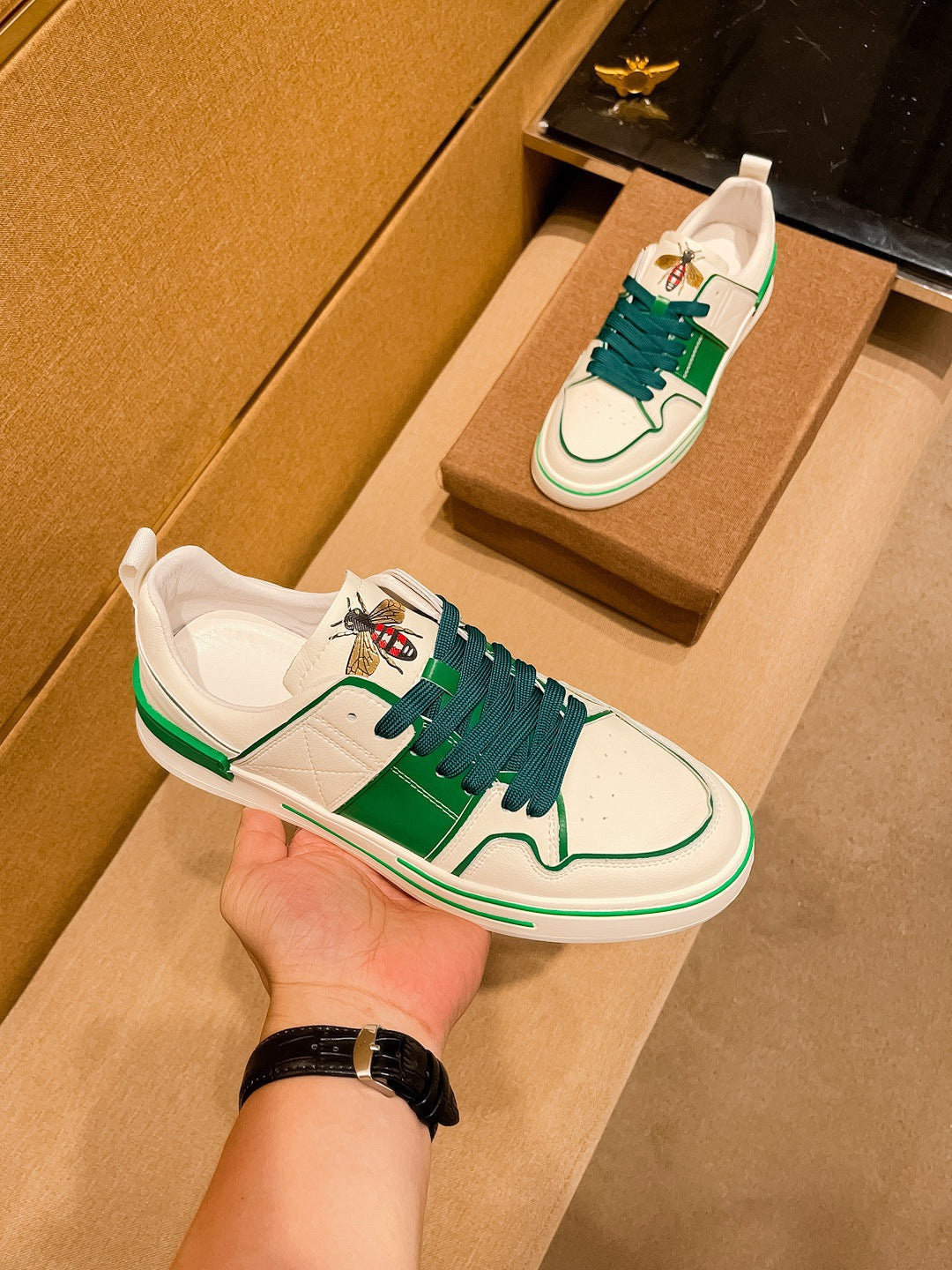 GG Men's Sneaker White Green Cowhide 671709