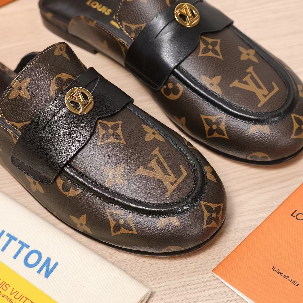 LV 25C Flat Mule Caramel Brown Monogram Cowhide 218315