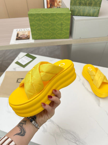 GG waterproof platform slippers yellow fabric
