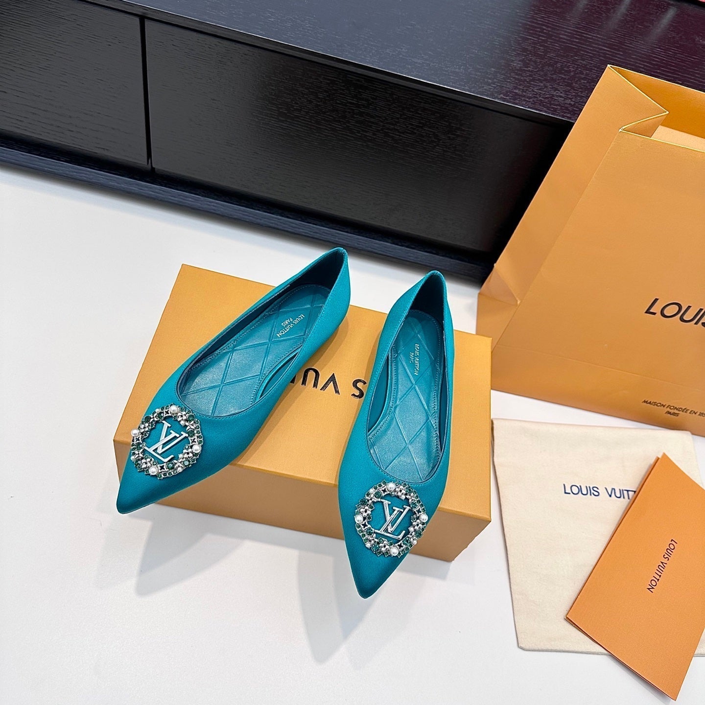 LV 26s Pointed-Toe Ballet Flat Teal Blue Premium Satin 622437