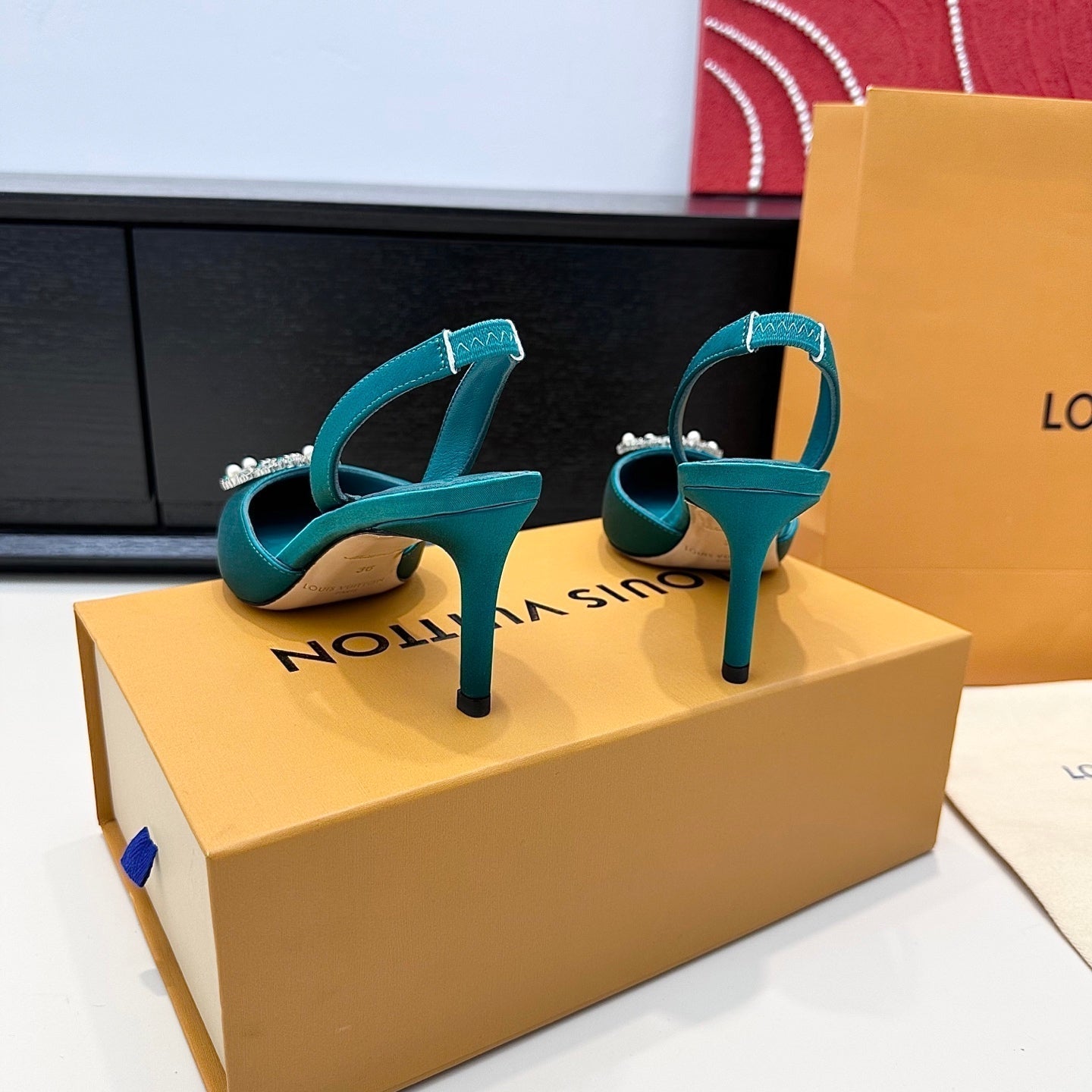 LV 26s  Slingback 75 Teal Blue Premium Satin 622440