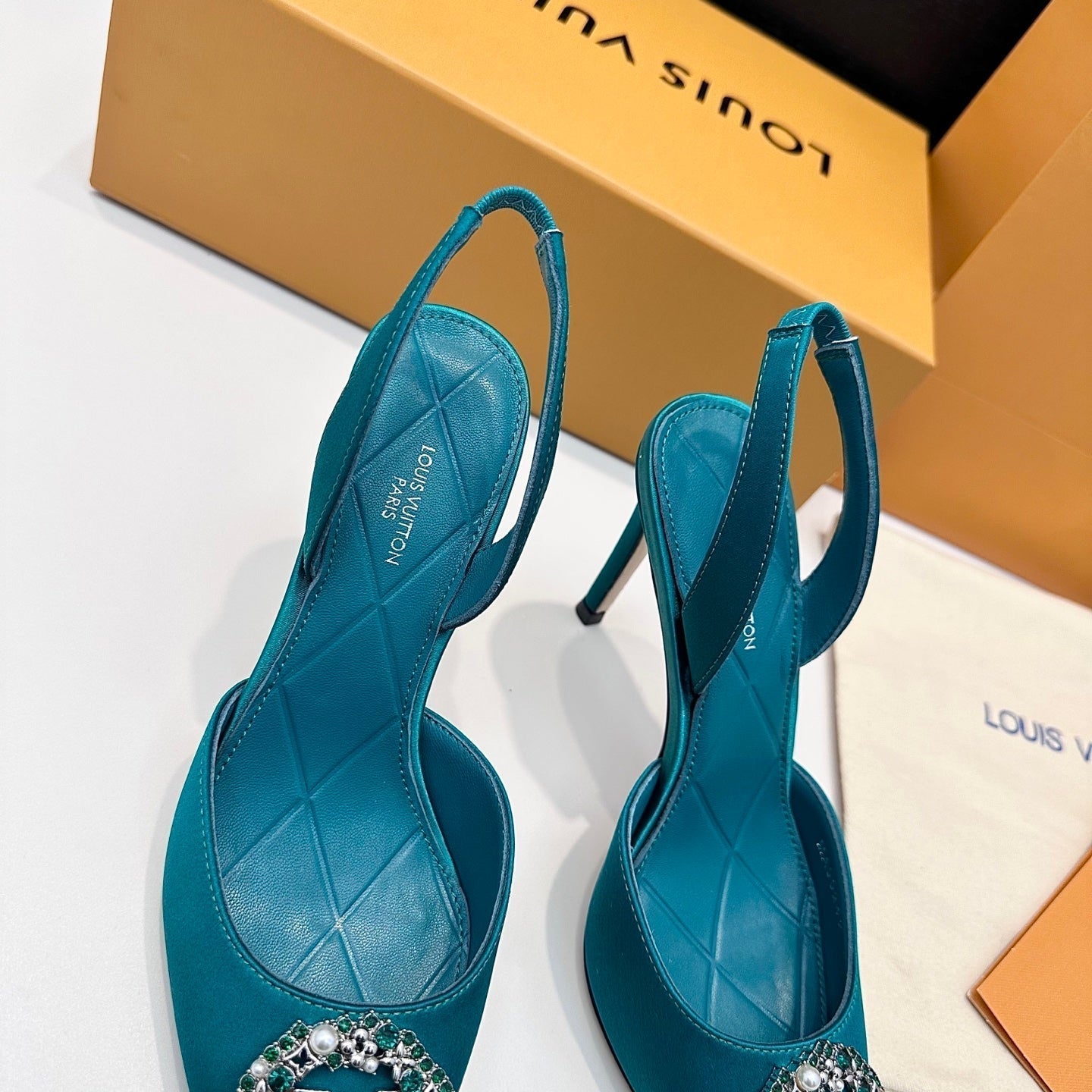 LV 26s  Slingback 95 Teal Blue Premium Satin 622441