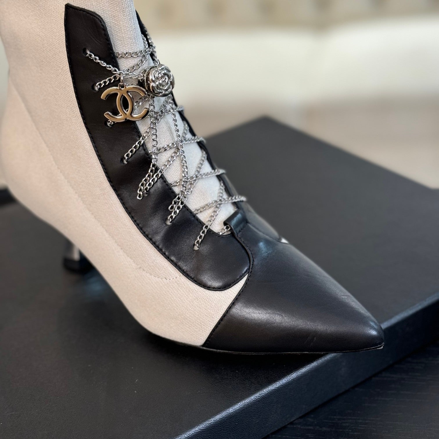 CC Ankle Boots White Black Chain Wool And Lambskin